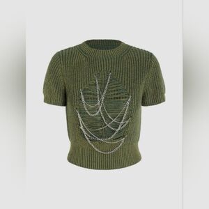 Round neck chain destroyed knit shorts sleeve crop top - Cider